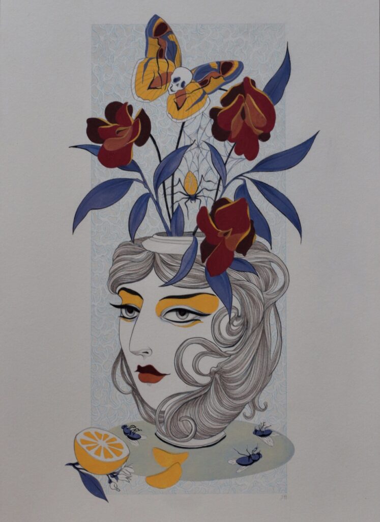 Vase en forme de visage féminin, quelques mouches mortes et un citron au sol, les fleurs ressemblent à des vagins, un papillon à tête de mort vole au dessus du bouquet, une araignée tisse sa toile . Dessin par Sophie Hedon